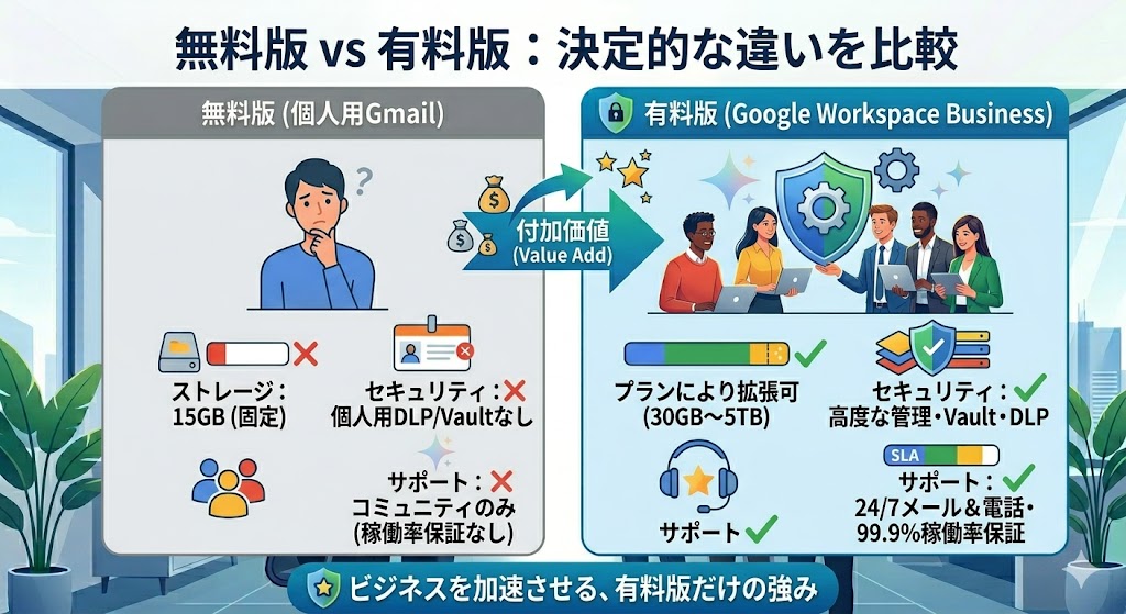 無料版と有料版Google Workspaceの機能比較