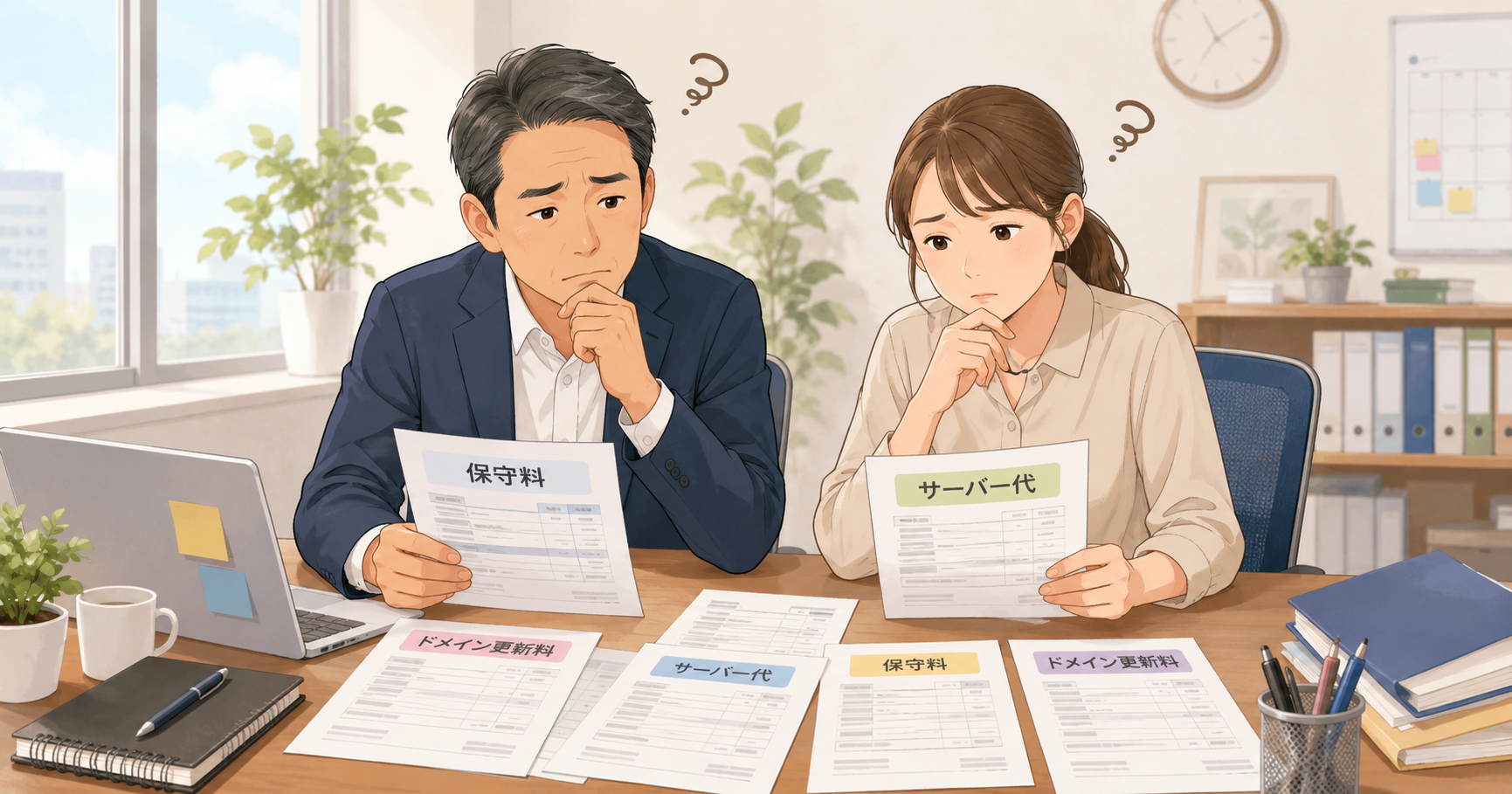 保守料・サーバー代・ドメイン更新料の請求書を前に内訳が分からず困惑する経営者と総務担当