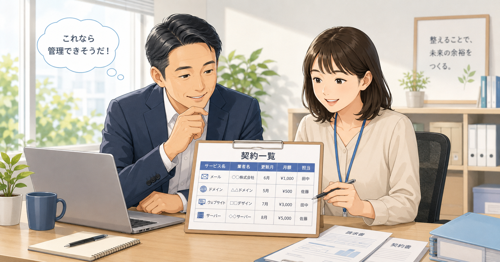 契約一覧表を一緒に確認し『これなら管理できそう』と前向きになる経営者と総務担当